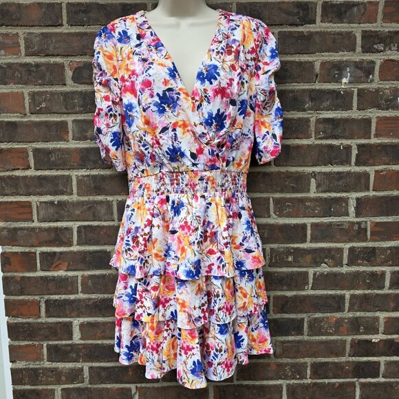 Laundry by Shelli Segal Size 8 Floral Tiered Mini Dress V-Neck Colorful Spring - Picture 1 of 6